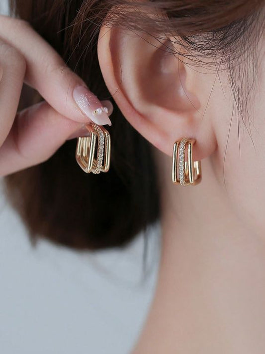 Cubic Zirconia Decor Geometric Cuff Hoop Earrings