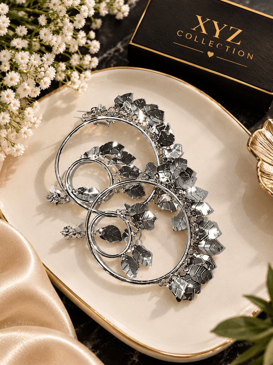 Elegant Silver Leaf Hoop Earrings | Luxury Floral Statement Earrings