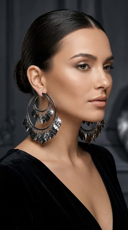 Elegant Silver Leaf Hoop Earrings | Luxury Floral Statement Earrings